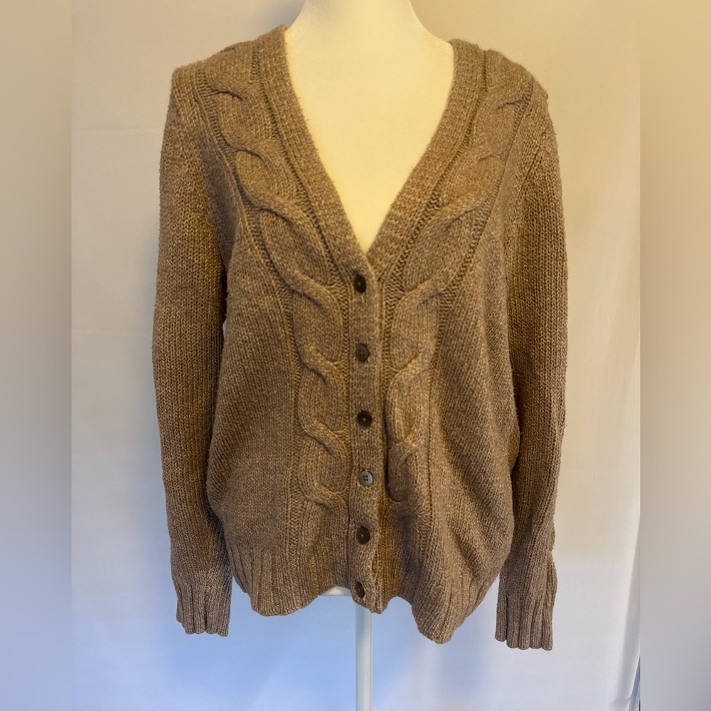 Old Navy size LARGE tan cardigan button down V neck sweater, cable knit detail